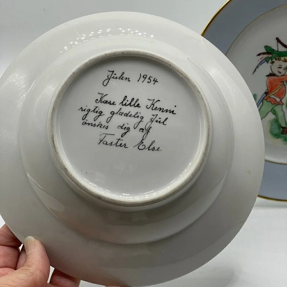 Vintage Signed 1954 Denmark Ceramic Hand Painted Blue Rim Child's Plate Bowl Set